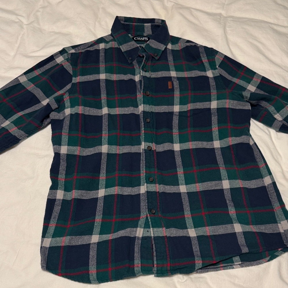 Chaps Men's Casual Plaid Shirt - Navy and Green